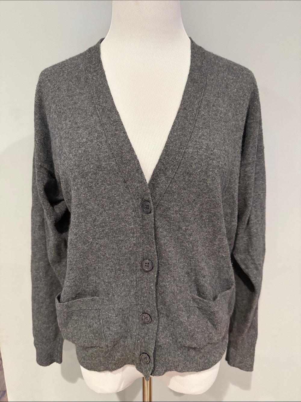Vintage Bergdorf Goodman Cashmere V-Neck  Cardigan in Dark Grey- Med